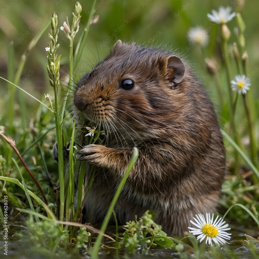 Graceful Grazing: A Water Vole Among the Blooming Landscape Graceful Grazing: A Water Vole Among the Blooming Landscape