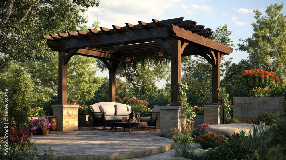 Relaxing Under a Shaded Pergola on a Beautiful Patio With Lush Greenery. Generative AI Relaxing Under a Shaded Pergola on a Beautiful Patio With Lush Greenery. Generative AI