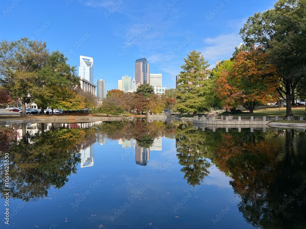 View of the Charlotte, NC skyline cityscape on a clear autumn fall day View of the Charlotte, NC skyline cityscape on a clear autumn fall day