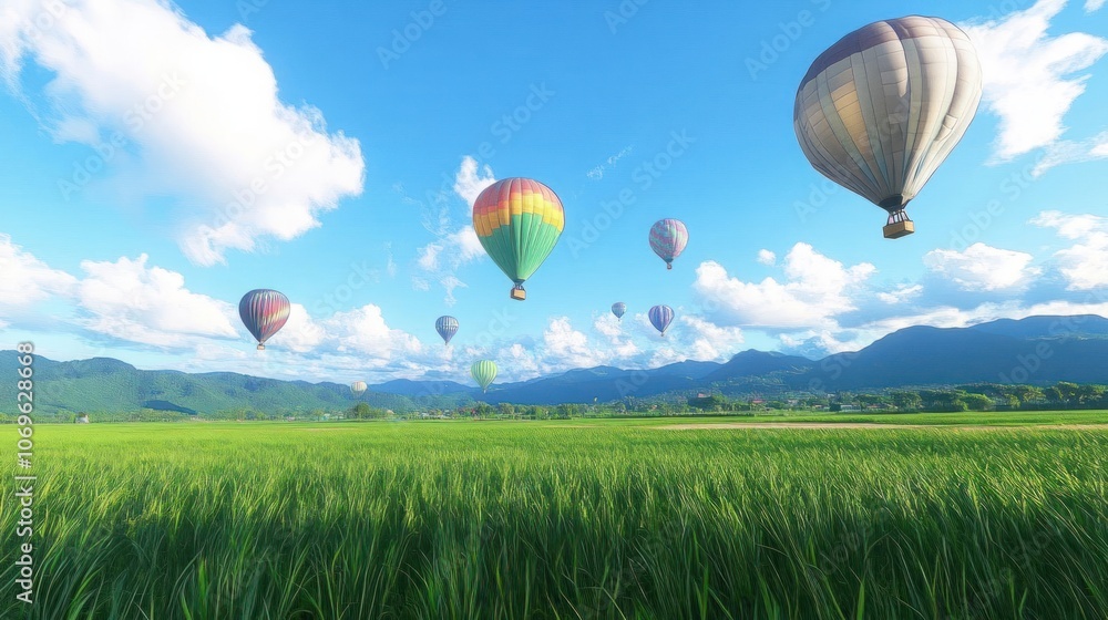 Naklejka premium A serene landscape with colorful hot air balloons soaring over lush green fields and mountains.