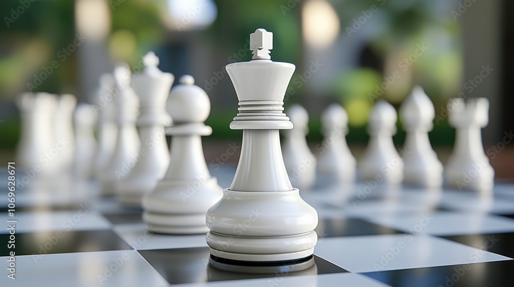 White Chess Pieces Arranged on a Chessboard Highlighting Strategic Gameplay. Generative AI White Chess Pieces Arranged on a Chessboard Highlighting Strategic Gameplay. Generative AI