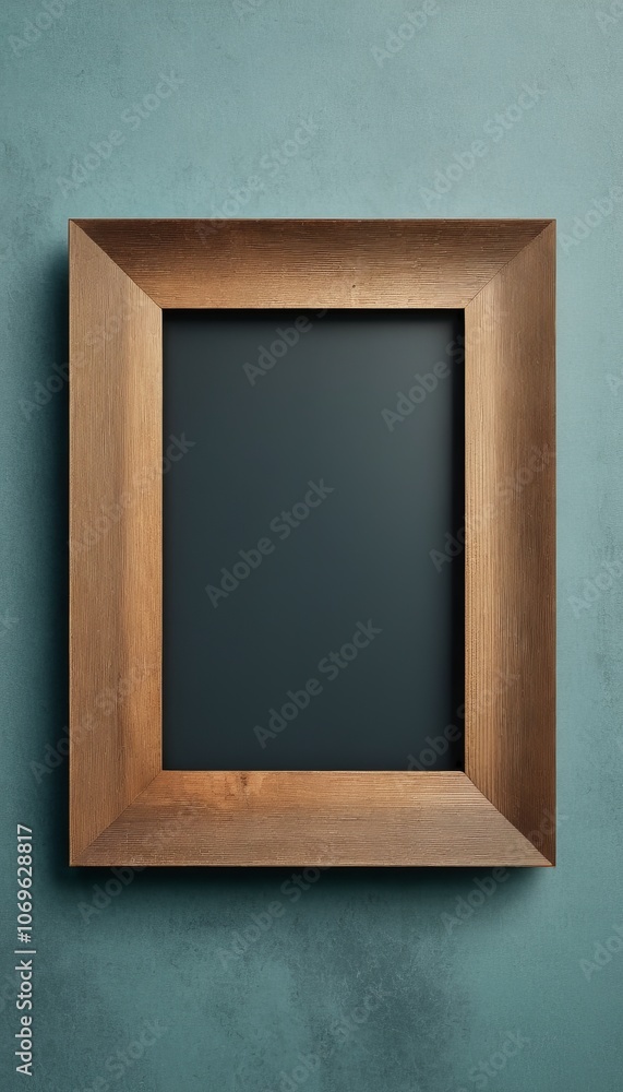 Empty wooden frame on green wall: minimalist decor and modern design inspiration Empty wooden frame on green wall: minimalist decor and modern design inspiration