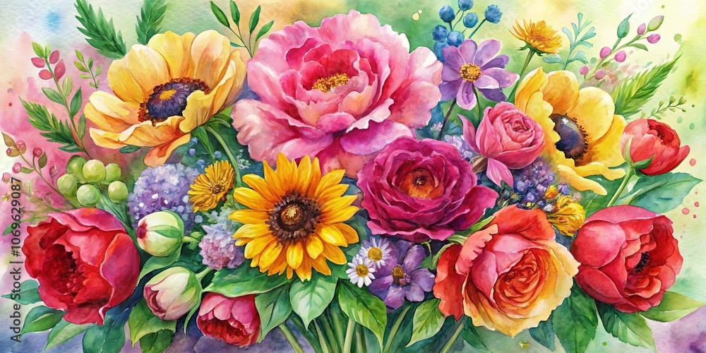 A vibrant watercolor painting capturing the beauty of a lush bouquet filled with roses, sunflowers, and other delicate blooms, showcasing a breathtaking symphony of colors and textures. A vibrant watercolor painting capturing the beauty of a lush bouquet filled with roses, sunflowers, and other delicate blooms, showcasing a breathtaking symphony of colors and textures.