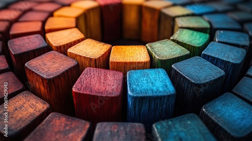 Concept image depicting centralization of data and people, visualized with colorful wooden blocks forming a circle. photo