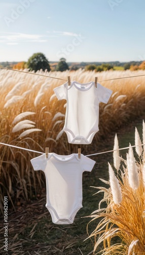 Wallpaper Mural White Baby Onesie Hanging on a Clothesline in a Sunny Autumn Field. Generative AI Torontodigital.ca
