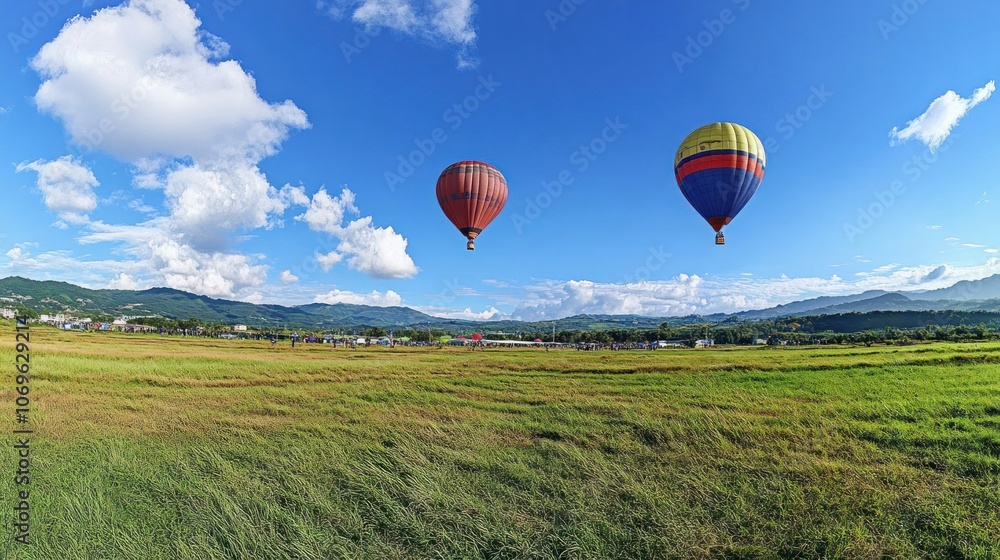 Obraz premium Two colorful hot air balloons soaring over a scenic landscape under a clear blue sky.