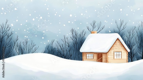 Snow-covered cabin, gentle flakes falling, serene and cozy winter setting, Watercolor style