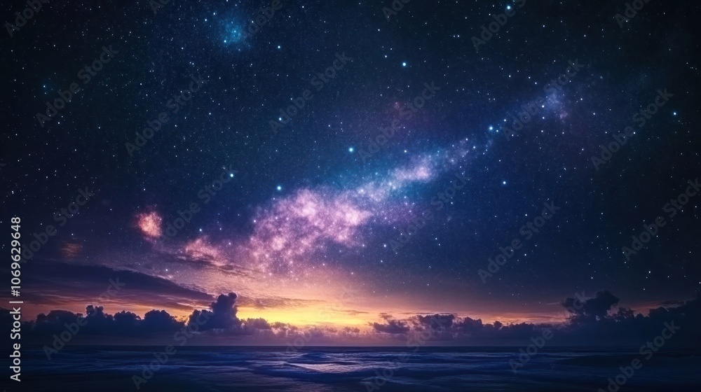 A breathtaking night sky filled with stars and a colorful horizon over a tranquil ocean. A breathtaking night sky filled with stars and a colorful horizon over a tranquil ocean.