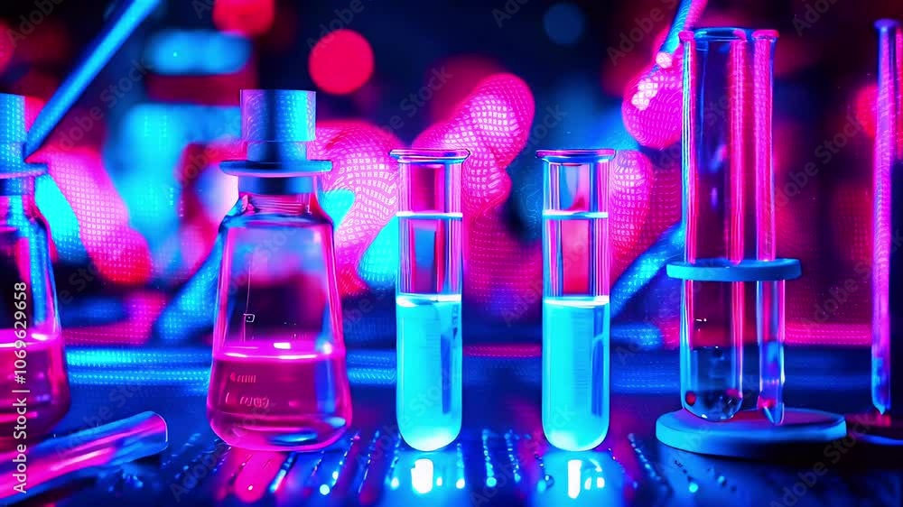 A close-up shot of lab equipment with pink and blue liquids under colorful lights. A close-up shot of lab equipment with pink and blue liquids under colorful lights.