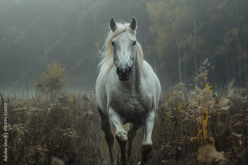 White Stallion Galloping Through Misty Forest White Stallion Galloping Through Misty Forest