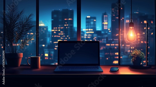 Cozy Home Office Setup with City View at Night