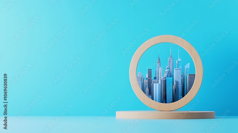 A city is shown through a window in a wooden frame A city is shown through a window in a wooden frame