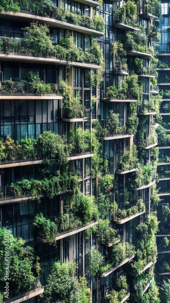 Sustainable architecture with vertical gardens on modern building, eco-friendly design concept Sustainable architecture with vertical gardens on modern building, eco-friendly design concept
