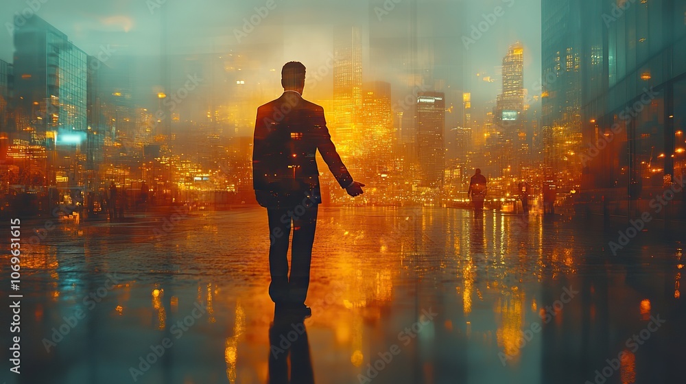 Double exposure of a businessman shaking hands in an industrial setting, symbolizing collaboration. Double exposure of a businessman shaking hands in an industrial setting, symbolizing collaboration.