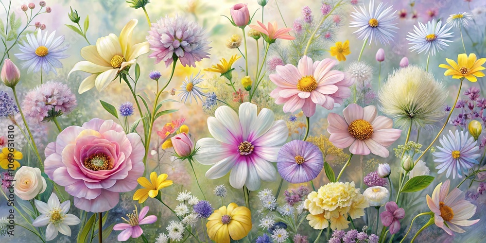 A Serene Symphony of Delicate Blooms in Soft Pastel Hues, A Visual Celebration of Nature's Artistic Prowess A Serene Symphony of Delicate Blooms in Soft Pastel Hues, A Visual Celebration of Nature's Artistic Prowess