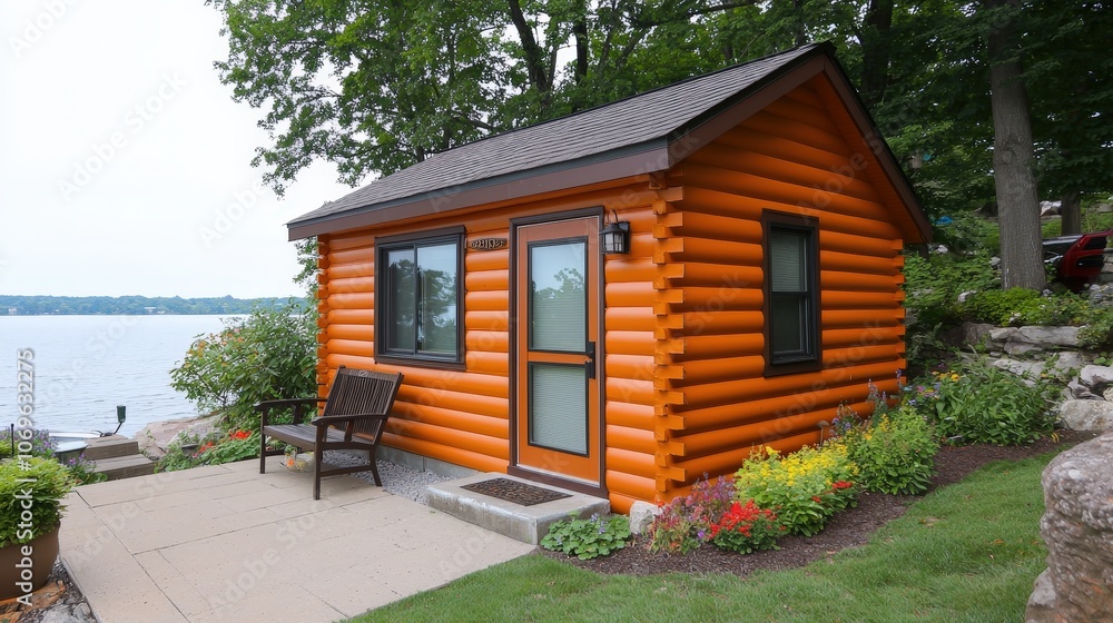 Cozy Log Cabin by the Lake with Porch and Flowers Cozy Log Cabin by the Lake with Porch and Flowers
