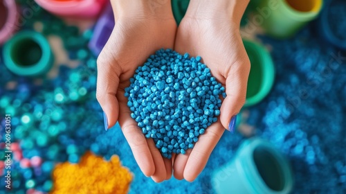 A hand is holding a handful of blue beads. The beads are in a variety of colors