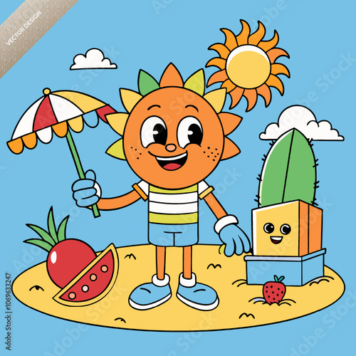 Cartoon style Kids Playing at the Beach  Sand Loungers and Umbrellas in a Summer Vacation Scene 