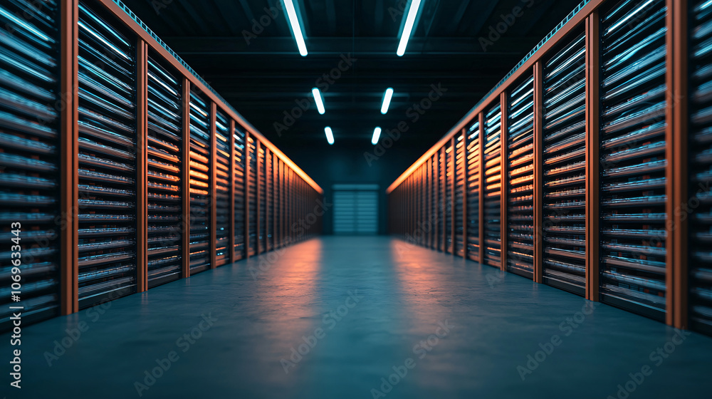 Fototapeta premium Modern warehouse interior with automated shelves and organized storage. sleek design features illuminated pathways and futuristic atmosphere, enhancing efficiency and productivity