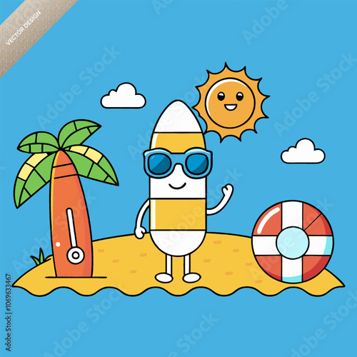 Cartoon style Kids Playing at the Beach  Sand Loungers and Umbrellas in a Summer Vacation Scene 
