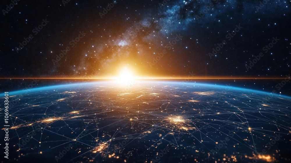 A stunning view of Earth from space, showcasing a sunrise over a connected world. A stunning view of Earth from space, showcasing a sunrise over a connected world.