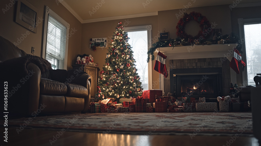 Cozy Christmas living room with a decorated tree and presents beside a warm fireplace Cozy Christmas living room with a decorated tree and presents beside a warm fireplace
