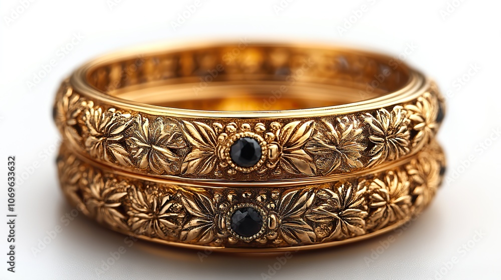 Fashionable gold bracelets are elegantly showcased against a white background, highlighting their exquisite design and craftsmanship. Fashionable gold bracelets are elegantly showcased against a white background, highlighting their exquisite design and craftsmanship.