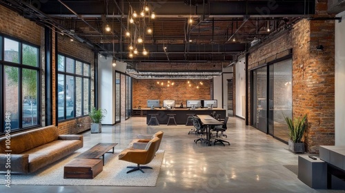 Luxury interior of a modern office with brick walls and floor.