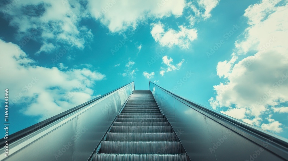 A long escalator with a blue sky in the background. The escalator is silver and has a lot of steps A long escalator with a blue sky in the background. The escalator is silver and has a lot of steps
