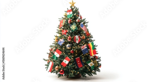 A Christmas tree adorned with international flags as ornaments, symbolizing global holiday celebrations, isolated on a clean white background. photo