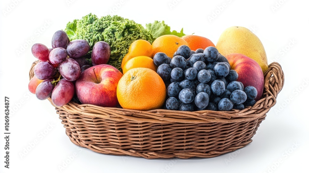 A basket of fresh fruits and vegetables, representing the harvest and gratitude of Sukkot, isolated on a clean white background. A basket of fresh fruits and vegetables, representing the harvest and gratitude of Sukkot, isolated on a clean white background.