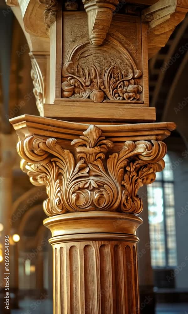 Ornate Wooden Pillar with Intricate Carvings in a Grand Hall. Ornate Wooden Pillar with Intricate Carvings in a Grand Hall.