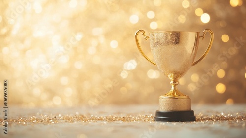 The golden trophy gleams amidst a beautiful bokeh background, symbolizing success and recognition in a festive atmosphere