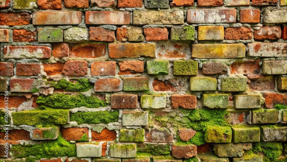 A weathered brick wall adorned with a vibrant tapestry of moss, showcasing the enduring beauty of nature reclaiming its space A weathered brick wall adorned with a vibrant tapestry of moss, showcasing the enduring beauty of nature reclaiming its space