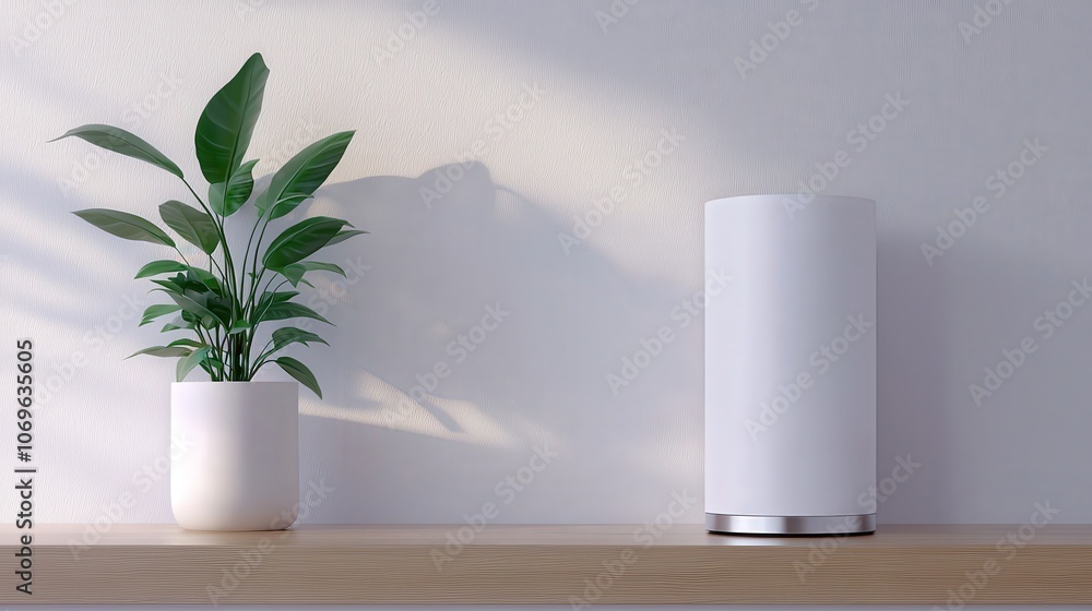 Minimalist White Kitchen Interior with Green Plant and Cylinder Lamp