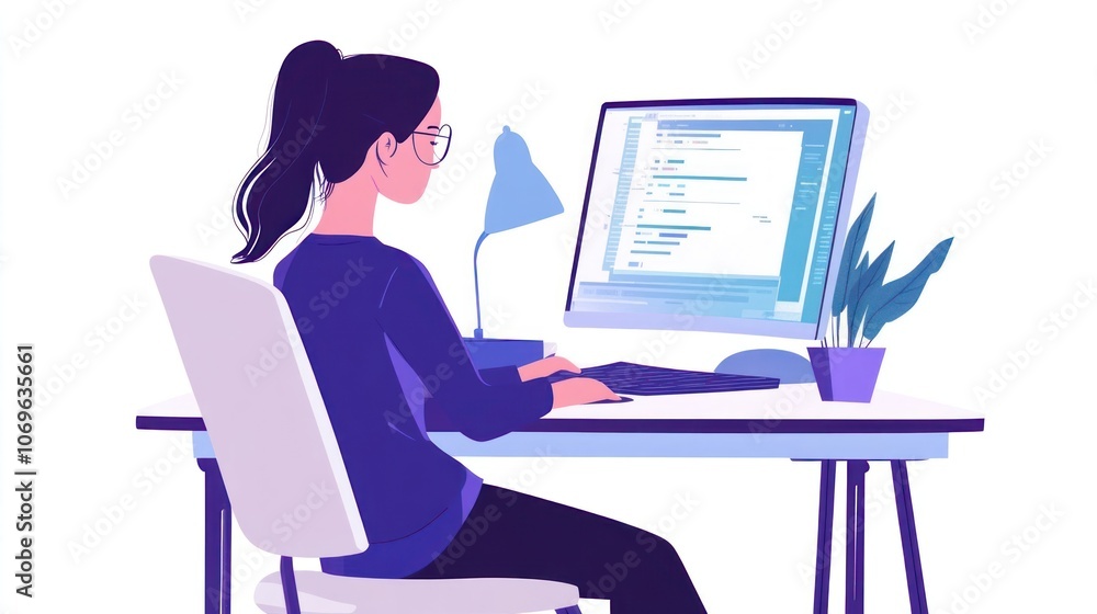 A woman working at a desk with a computer, focused on her tasks. A woman working at a desk with a computer, focused on her tasks.