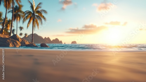 Tropical Beach Sunset with Palm Trees and Golden Light