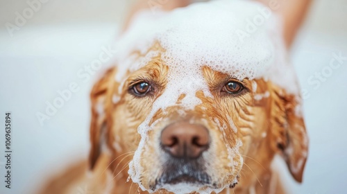 A reluctant dog with a soapy head sits in a bathtub, showing a hesitant expression during its bath time at home photo