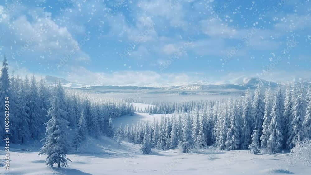 A serene winter forest blanketed in snow with snowflakes gently falling under a bright, clear blue sky, capturing the peaceful beauty of winter. A serene winter forest blanketed in snow with snowflakes gently falling under a bright, clear blue sky, capturing the peaceful beauty of winter.