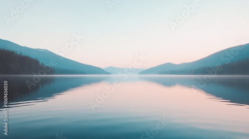 Calm waters of a serene mountain lake reflect the dawn light, with mist rising gently from the shores and peaks in the distance