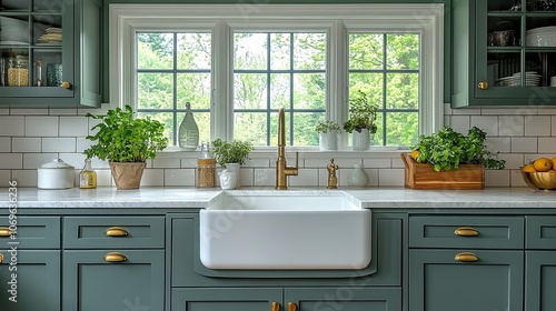 Gold kitchen faucet in a cozy green kitchen, featuring a white apron sink, tiled backsplash, and marble countertop.
