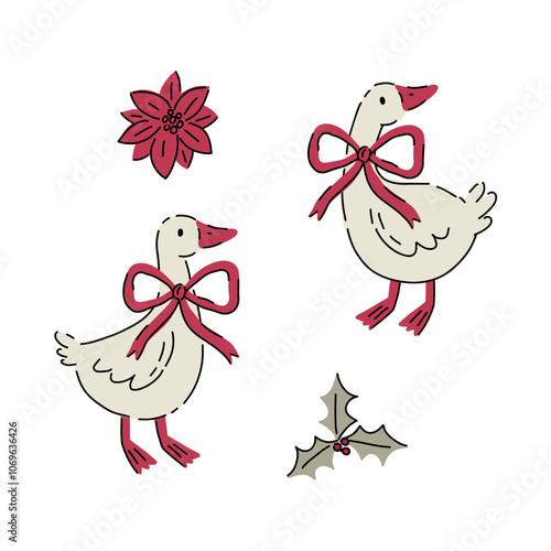 Christmas decorations set with Goose. New Year and Christmas holiday decorations. Cozy decorative holiday elements. Flat vector illustration 