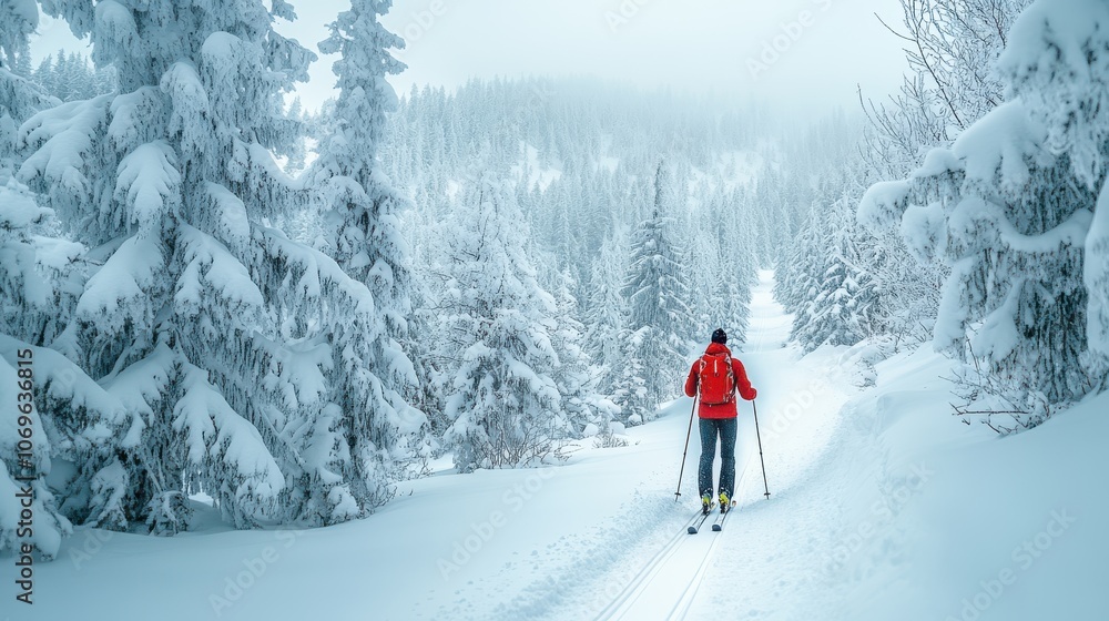A cross-country skier gliding through a snowy forest trail, representing endurance winter sports, isolated on a clean white background. A cross-country skier gliding through a snowy forest trail, representing endurance winter sports, isolated on a clean white background.