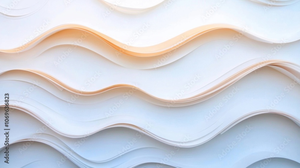 Fototapeta premium Minimalist abstract image of layered white waves with a soft peach gradient, creating a calming and elegant visual texture.