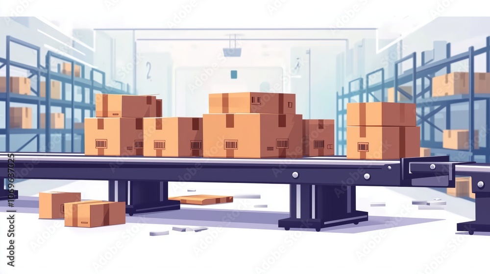 Modern Warehouse with Sorting Machine and Boxes Modern Warehouse with Sorting Machine and Boxes