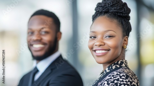 A male and female executive showcase confidence as they stand together, dressed in formal attire at an upscale corporate office photo