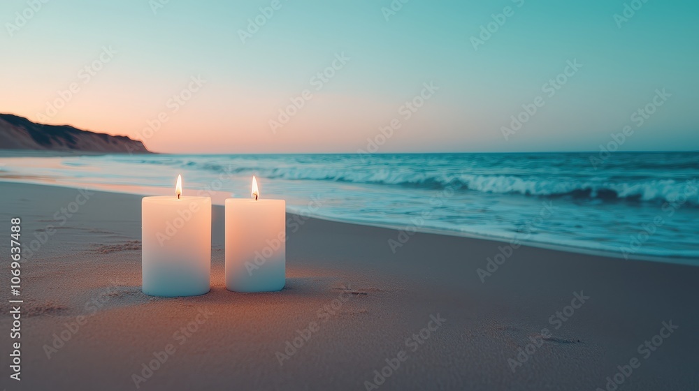 Two Burning Candles on Sandy Beach at Sunset  Tranquil Seascape  Calm  Peace