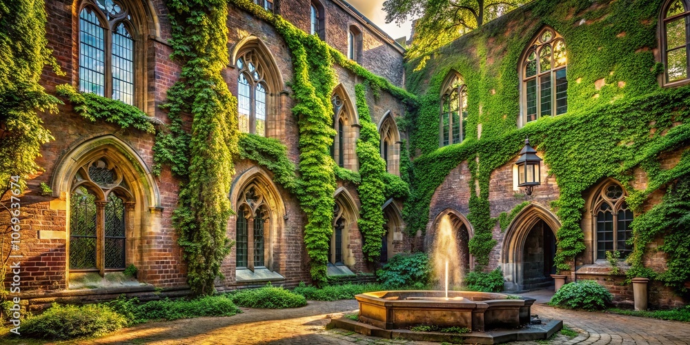 A brick courtyard with arched windows draped in verdant vines, a central fountain casting sparkling water, and dappled sunlight filtering through the foliage. A brick courtyard with arched windows draped in verdant vines, a central fountain casting sparkling water, and dappled sunlight filtering through the foliage.