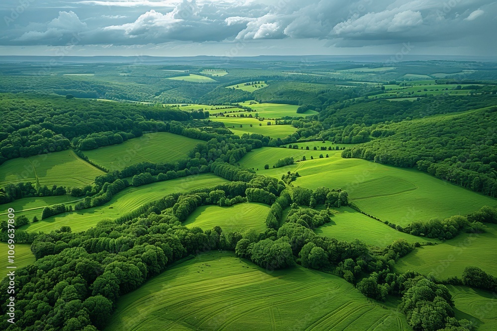 Naklejka premium Aerial view of green landscape with fields and forests, expansive French countryside