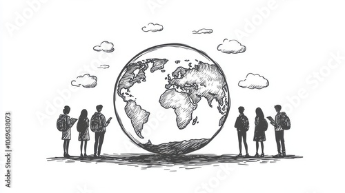 A globe with students standing around it, studying geography, simple line art, black and white, isolated on a clean white background. photo